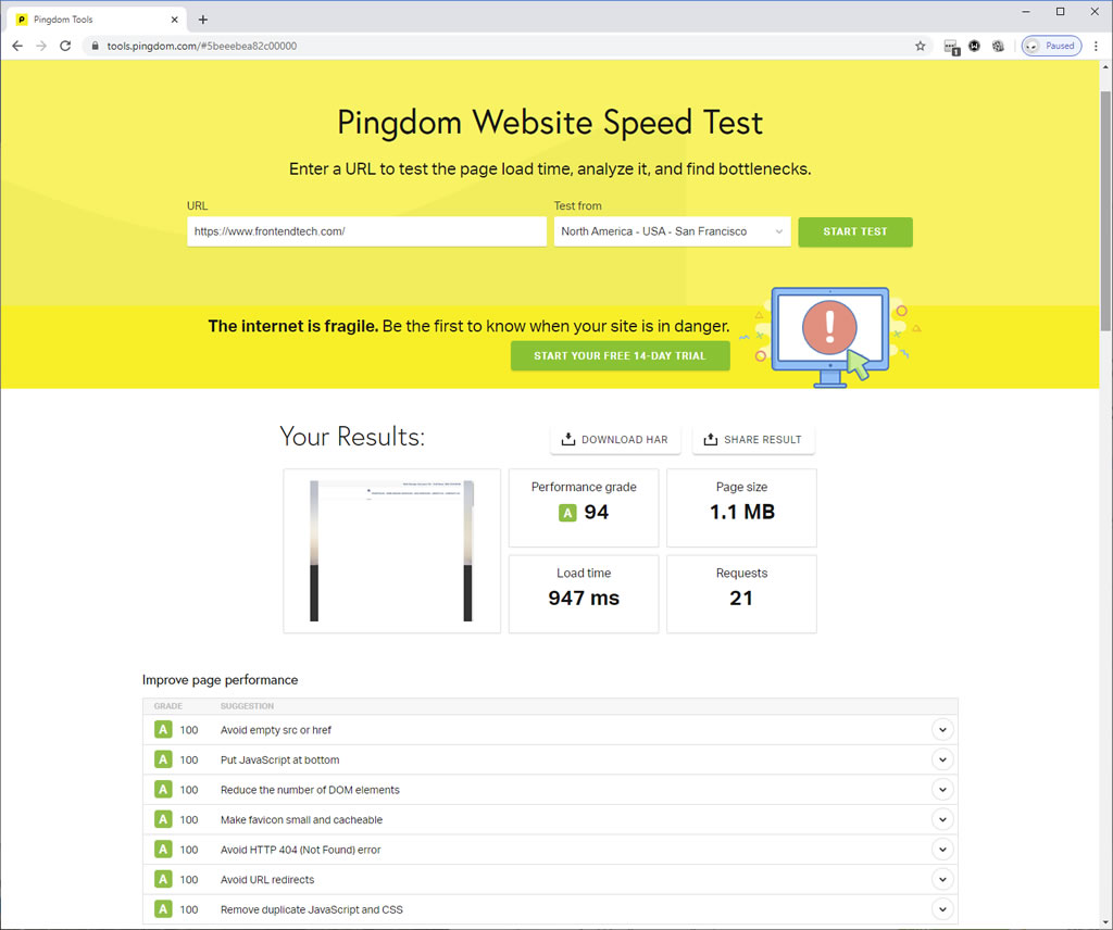 Pingdom Score: 94% - Website Speed Enhancement